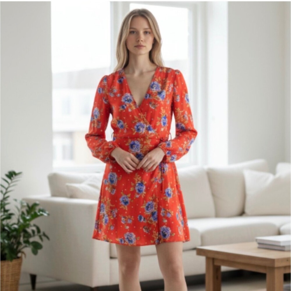 Zara XS Women’s Floral Wrap Dress‎ Ruched Sleeves Whimisical Boho Chic Romantic